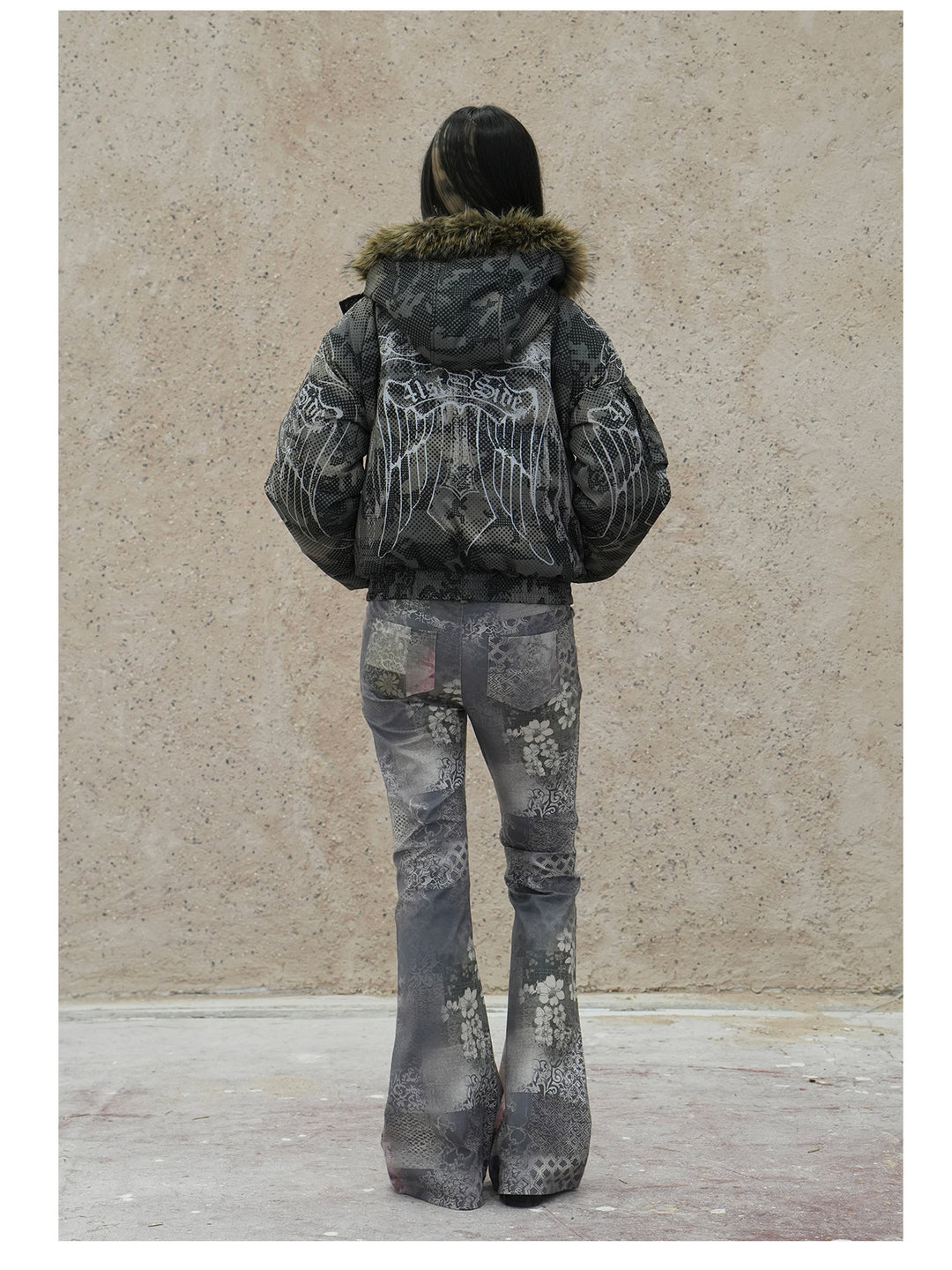 4RE1GN STAR CAMO hooded down jacket in gray green — back modeled view with the hood down