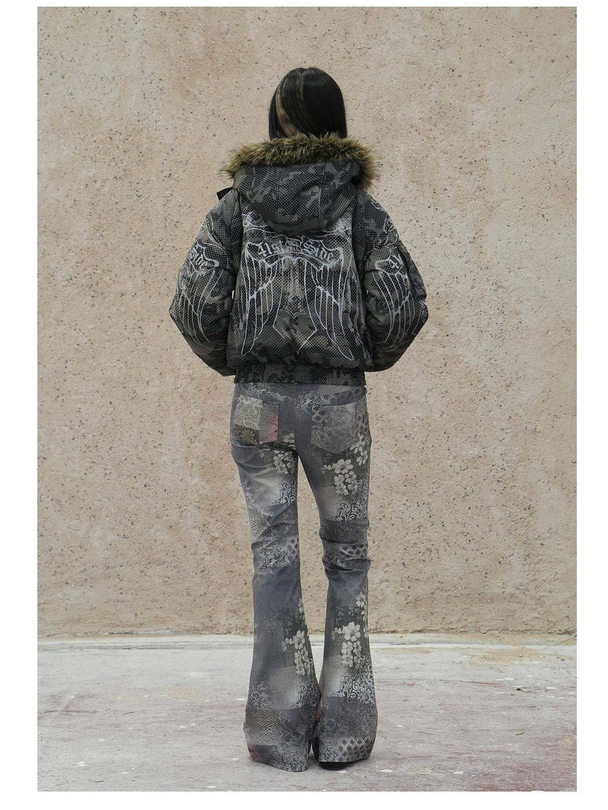 4RE1GN STAR CAMO hooded down jacket in gray green — back modeled view with the hood down