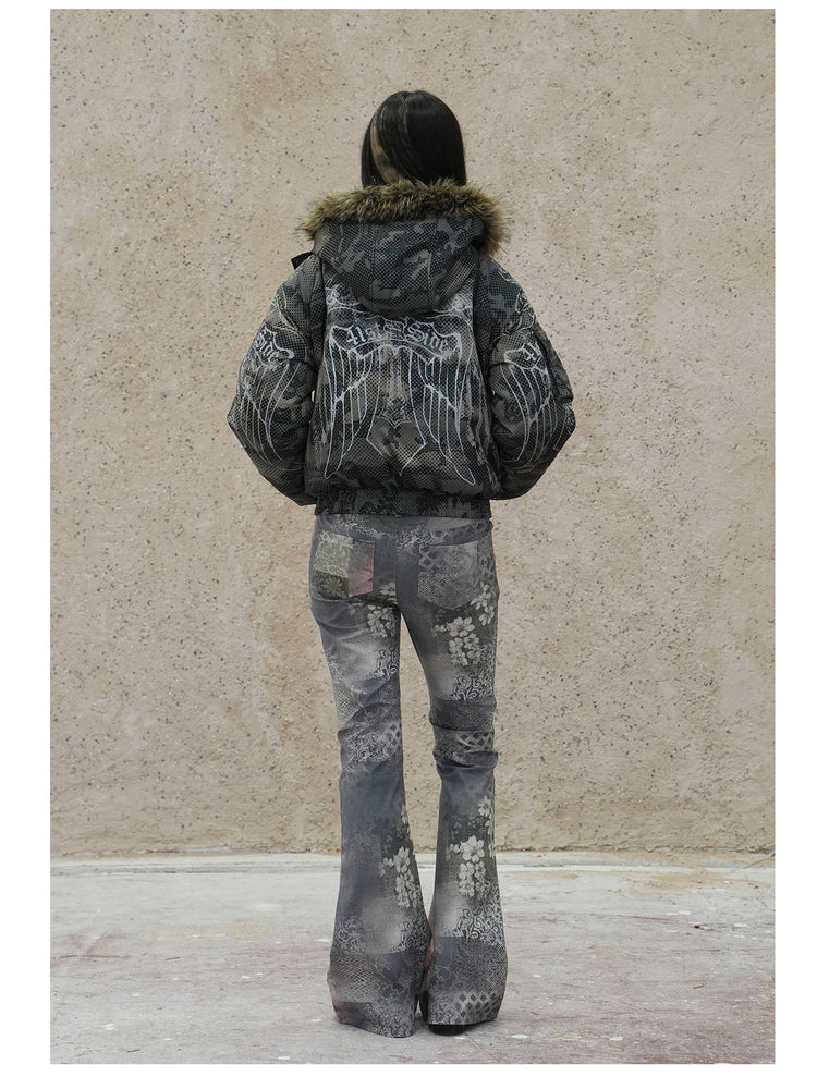 4RE1GN STAR CAMO hooded down jacket in gray green — back modeled view with the hood down