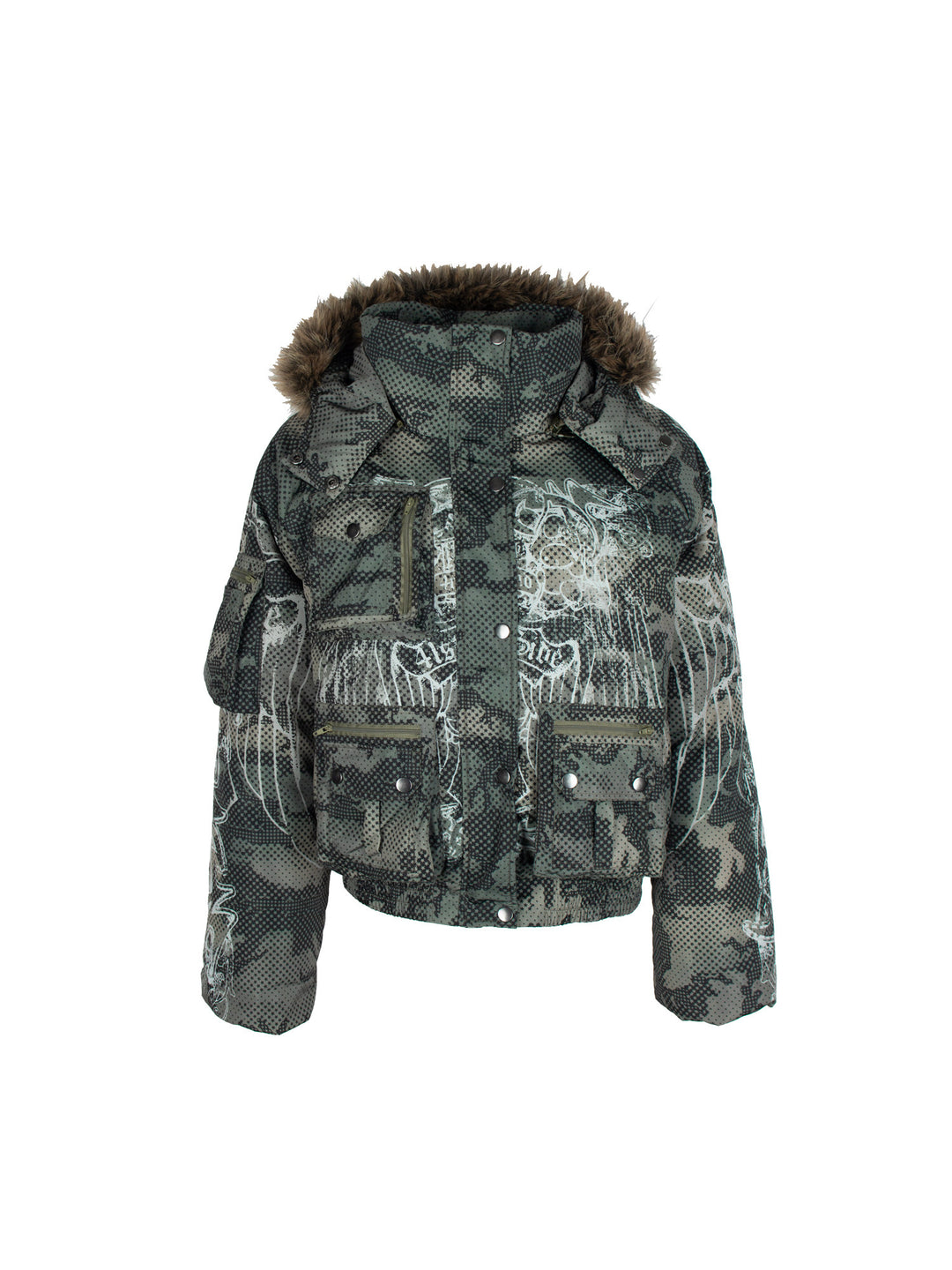 4RE1GN STAR CAMO hooded down jacket in gray green — front garment-only view showing the hood and pockets
