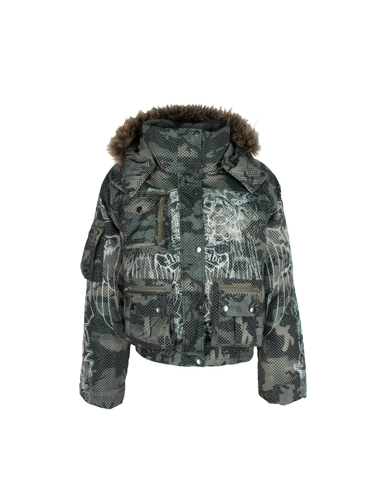 4RE1GN STAR CAMO hooded down jacket in gray green — front garment-only view showing the hood and pockets