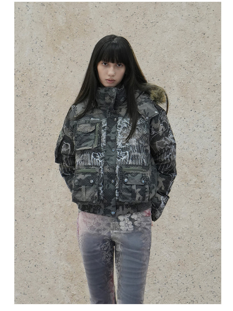 4RE1GN STAR CAMO hooded down jacket in gray green — front modeled view styled with gray printed trousers