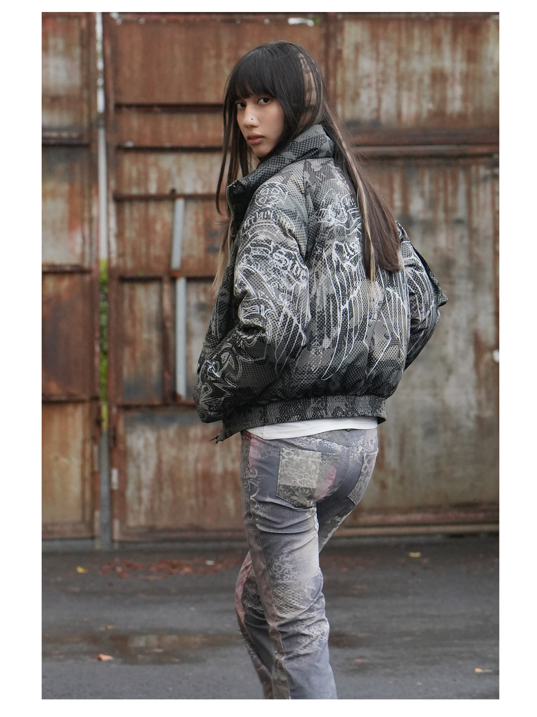 4RE1GN STAR CAMO hooded down jacket in gray green — three-quarter back modeled view with the hood detached