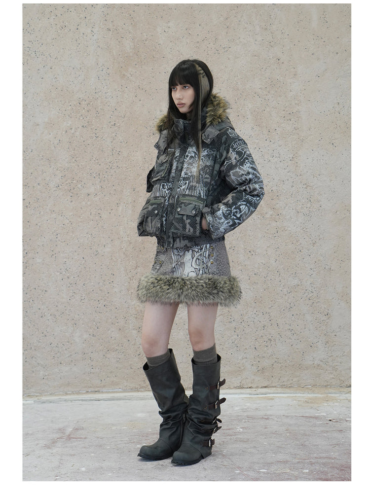 4RE1GN STAR CAMO hooded down jacket in gray green — full-length modeled view styled with a fur-trim skirt