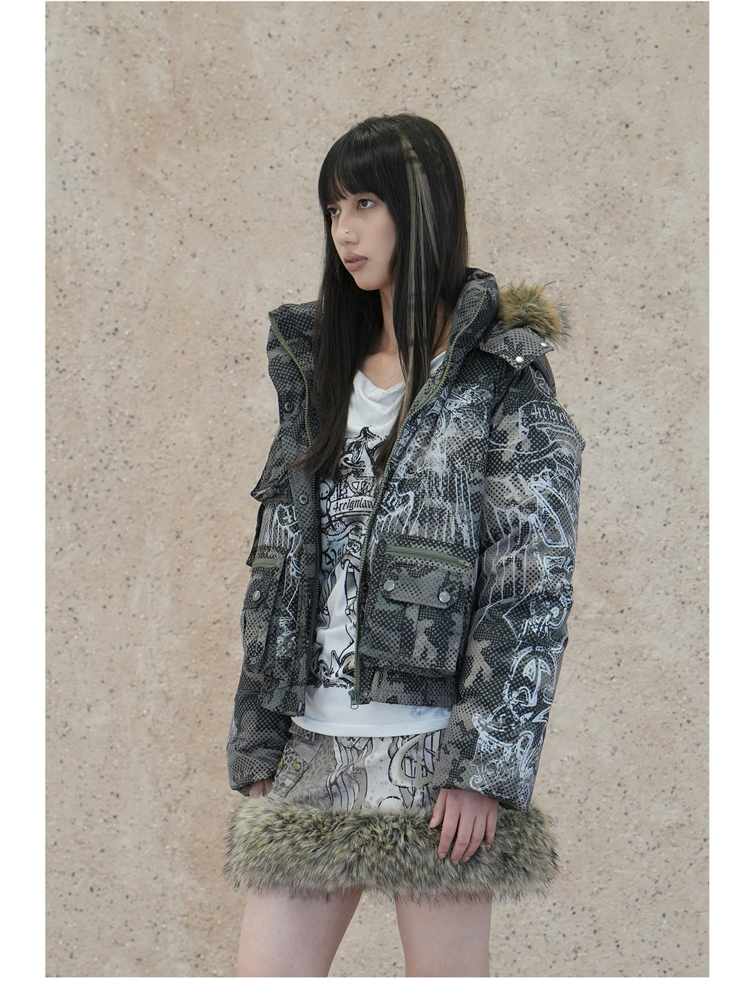 4RE1GN STAR CAMO hooded down jacket in gray green — front modeled view with the zipper open