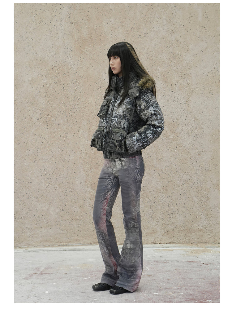 4RE1GN STAR CAMO hooded down jacket in gray green — full-length side modeled view with gray printed trousers