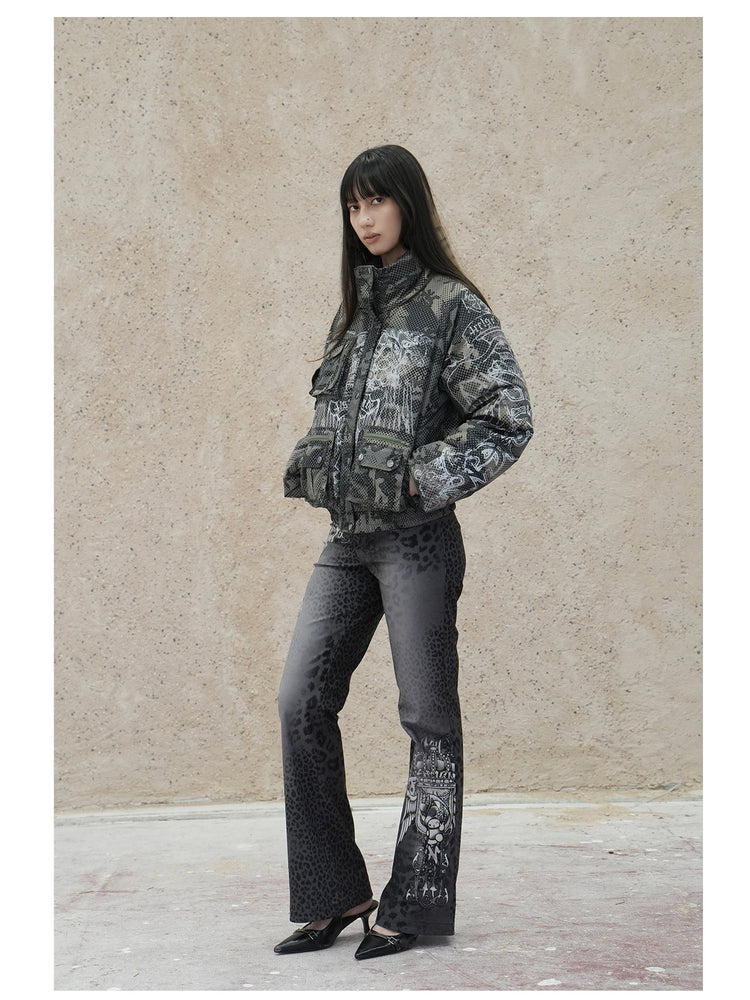 4RE1GN STAR CAMO hooded down jacket in gray green — full-length three-quarter front modeled view with the hood detached