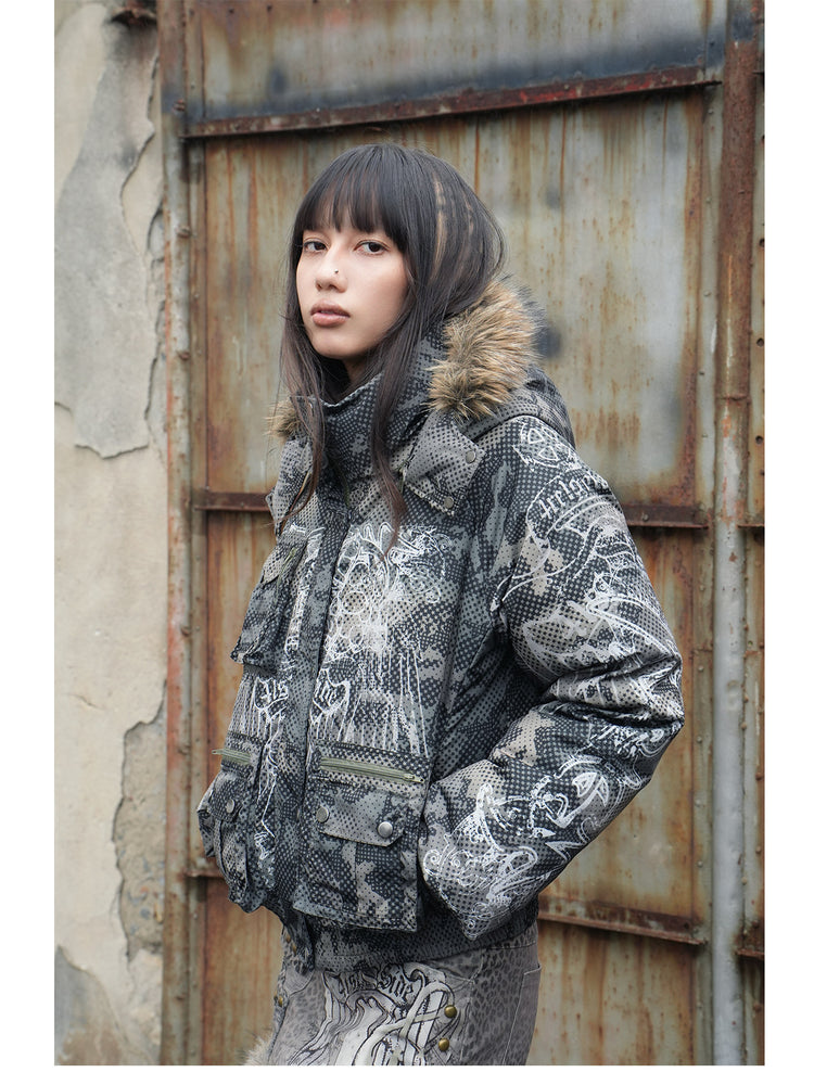 4RE1GN STAR CAMO hooded down jacket in gray green — three-quarter modeled close-up showing the hood trim