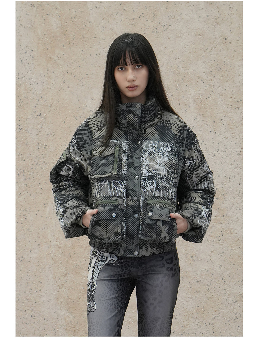 4RE1GN STAR CAMO hooded down jacket in gray green — front modeled close-up with the hood detached