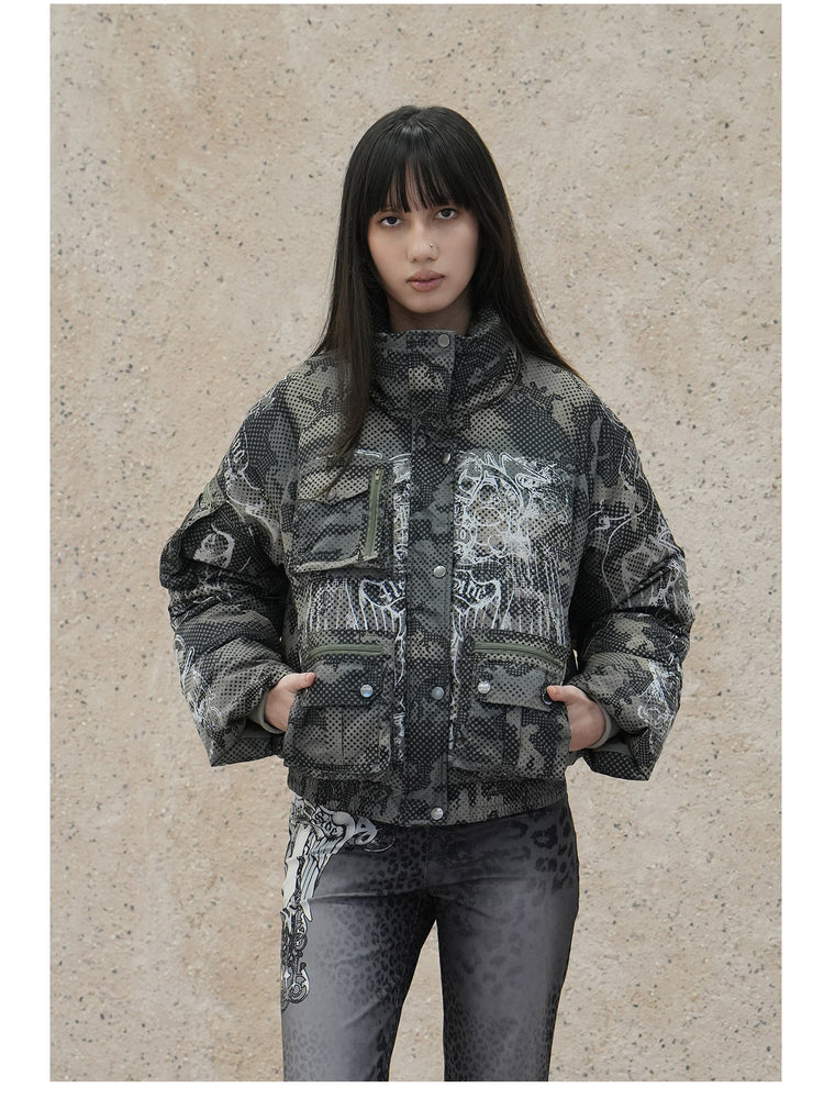 4RE1GN STAR CAMO hooded down jacket in gray green — front modeled close-up with the hood detached