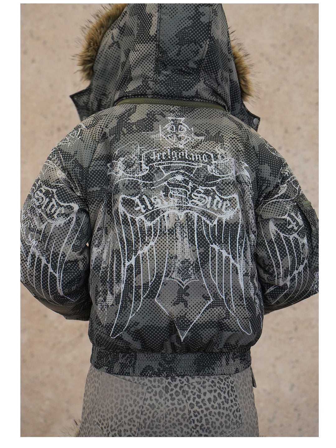 4RE1GN STAR CAMO hooded down jacket in gray green — back modeled close-up showing the print and detachable hood zipper
