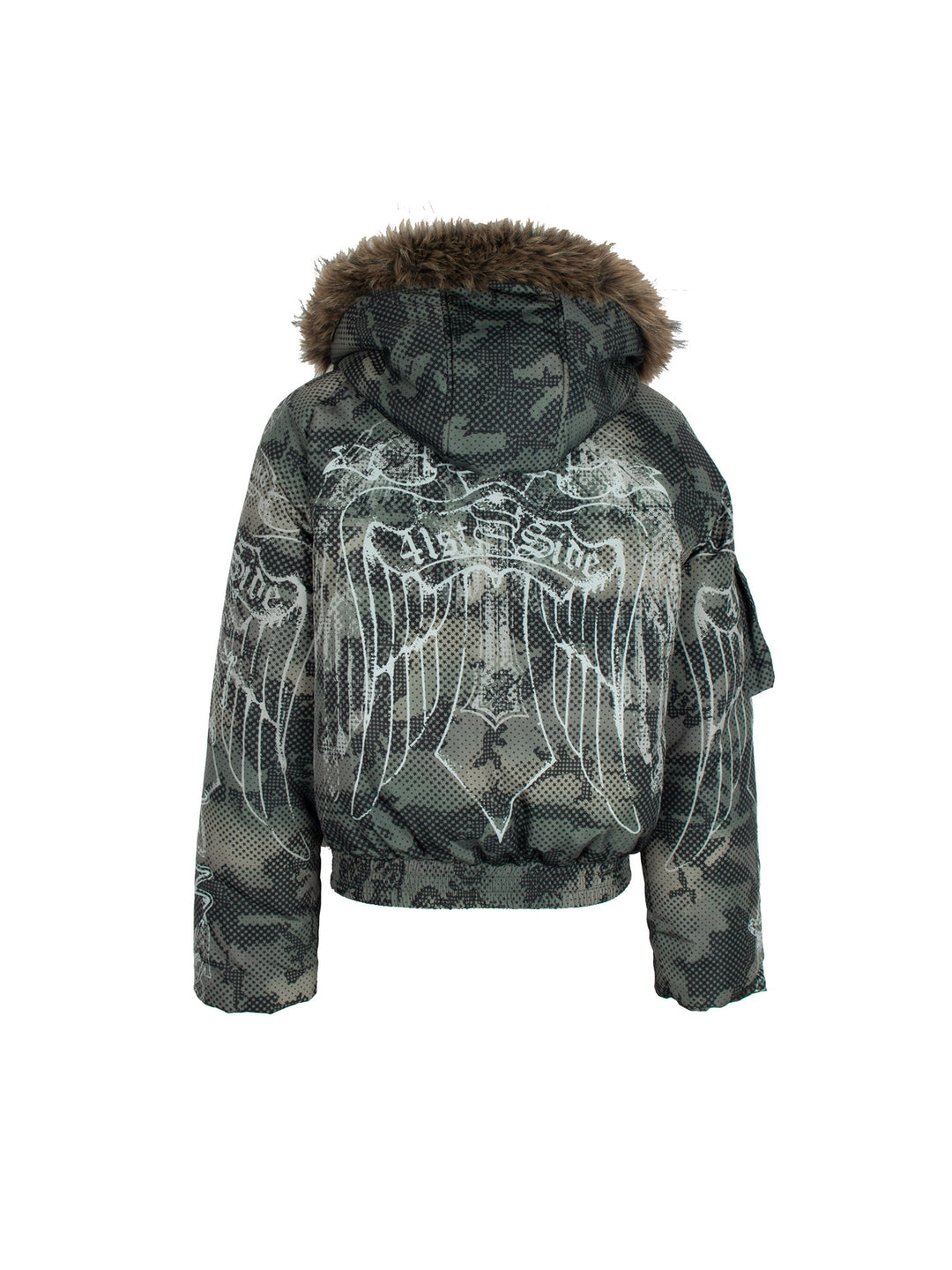 4RE1GN STAR CAMO hooded down jacket in gray green — back garment-only view showing the hood and gathered hem