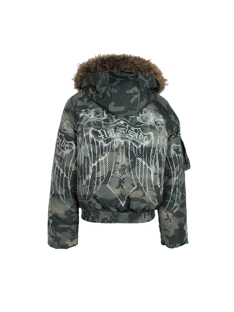 4RE1GN STAR CAMO hooded down jacket in gray green — back garment-only view showing the hood and gathered hem