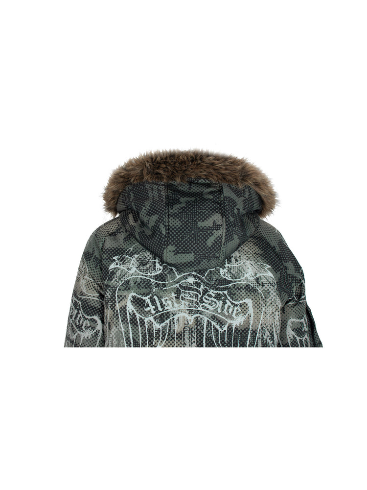 4RE1GN STAR CAMO hooded down jacket in gray green — back garment detail showing the hood trim and upper print