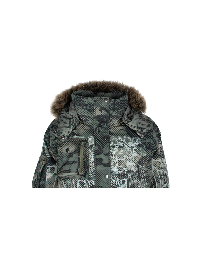 4RE1GN STAR CAMO hooded down jacket in gray green — front garment detail showing the collar and chest pocket