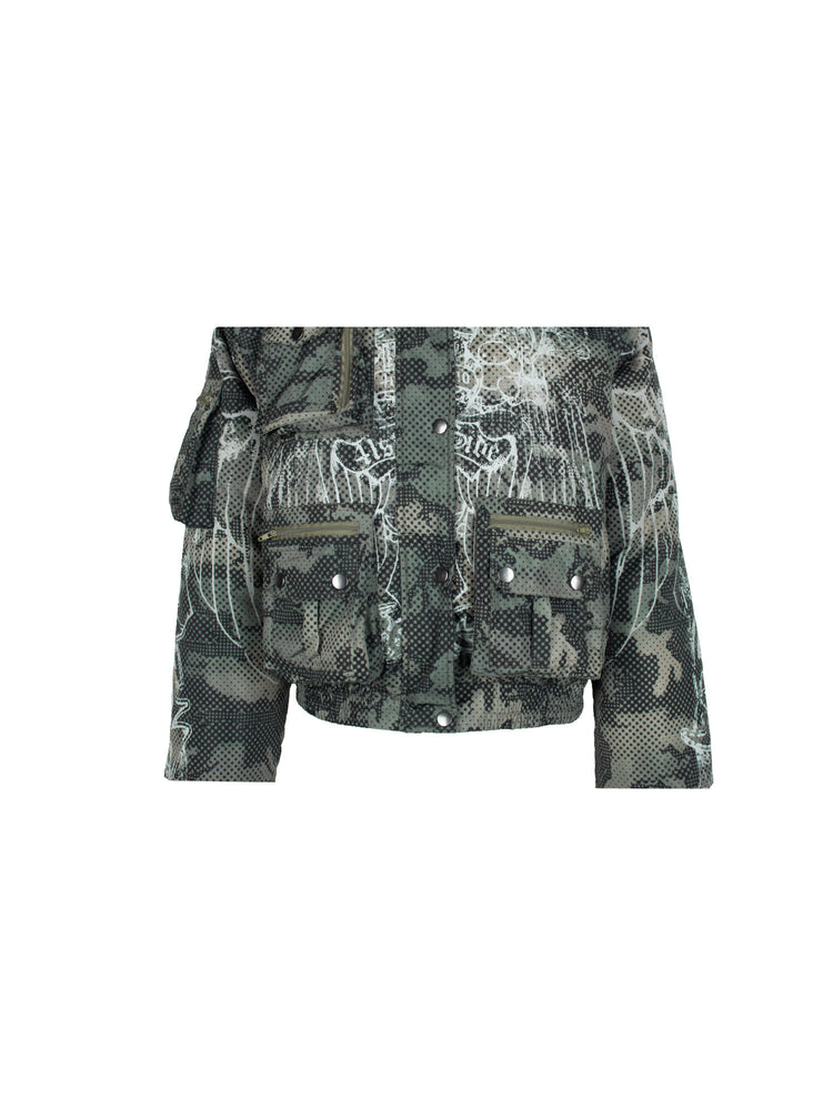 4RE1GN STAR CAMO hooded down jacket in gray green — front garment detail showing the zipper pockets and gathered hem