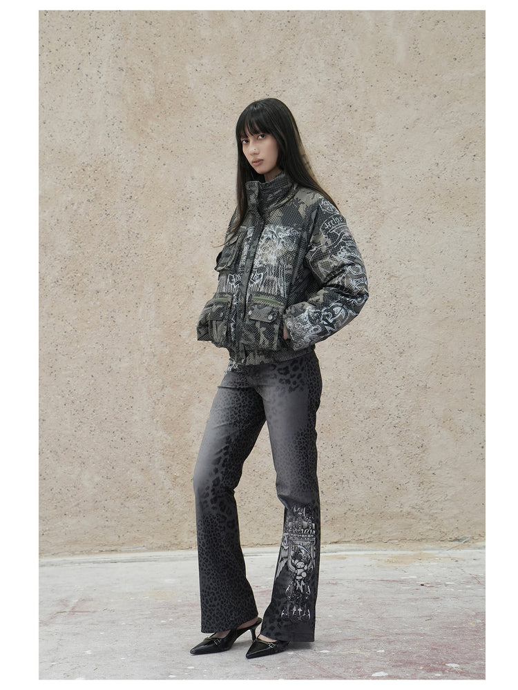 4RE1GN PANTHER crest-print corduroy flare pants in gray black — full-length three-quarter modeled view with a printed jacket