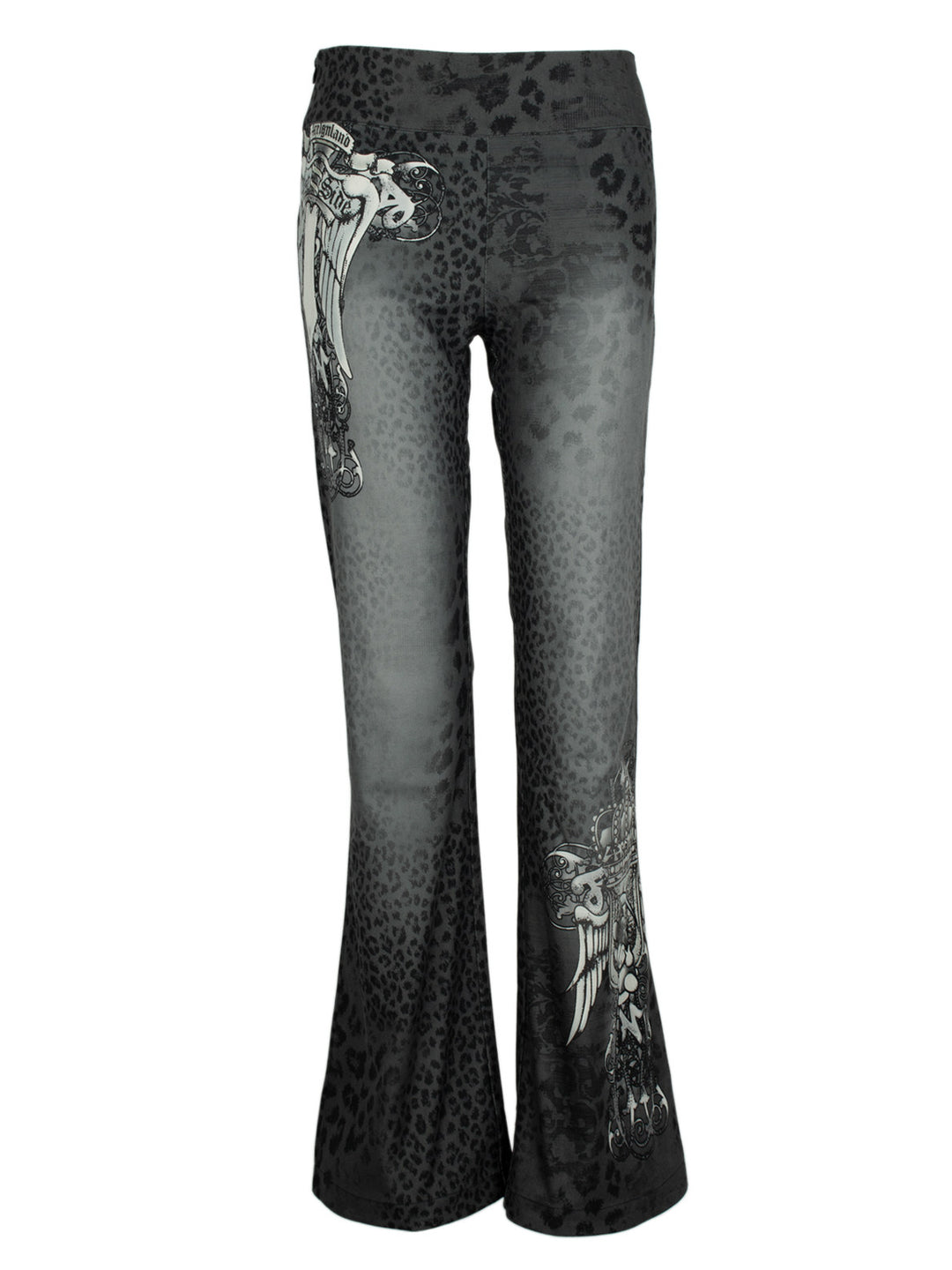 4RE1GN PANTHER crest-print corduroy flare pants in gray black — front garment-only view showing the crest and leopard prints