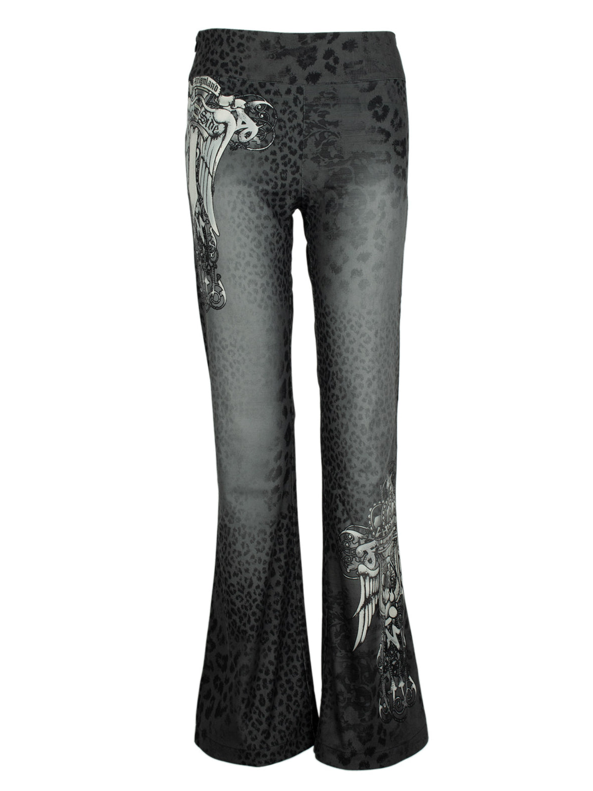 4RE1GN PANTHER crest-print corduroy flare pants in gray black — front garment-only view showing the crest and leopard prints