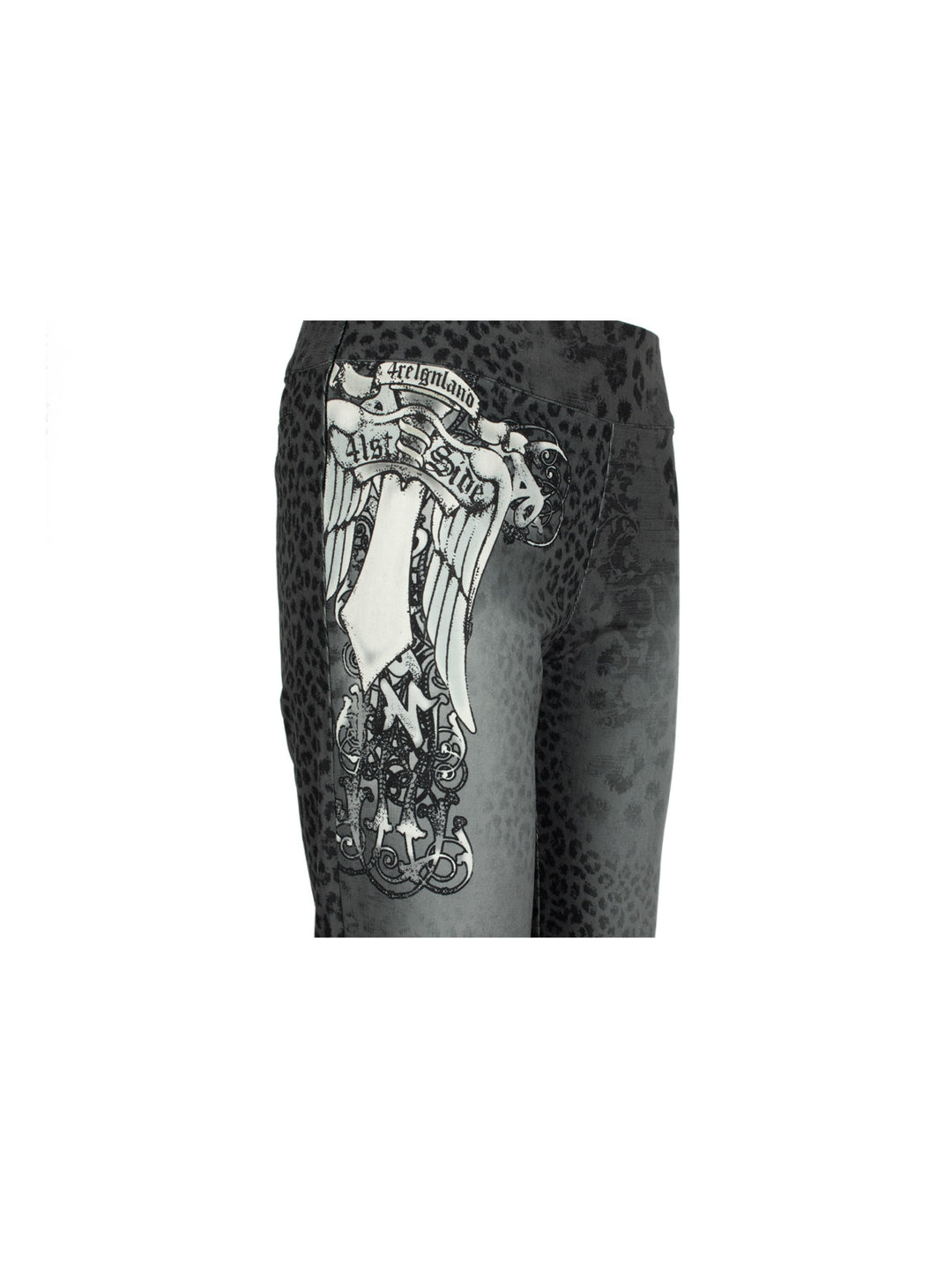 4RE1GN PANTHER crest-print corduroy flare pants in gray black — close-up of the front crest print and corduroy texture