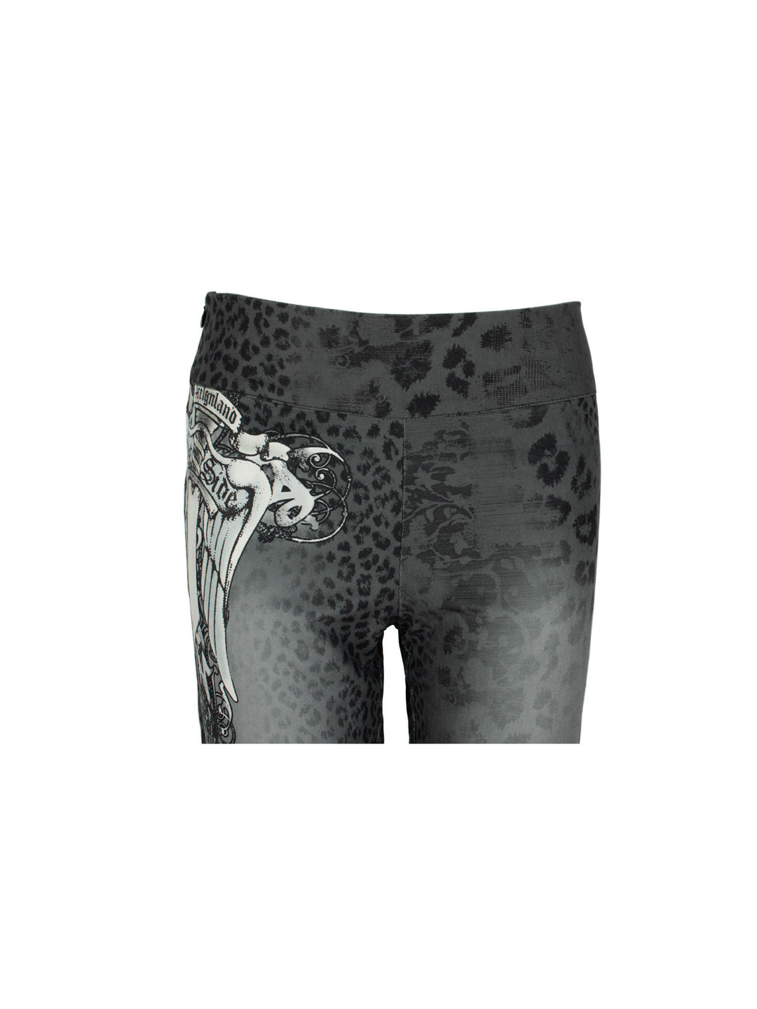 4RE1GN PANTHER crest-print corduroy flare pants in gray black — front waist detail showing the side zipper and leopard print