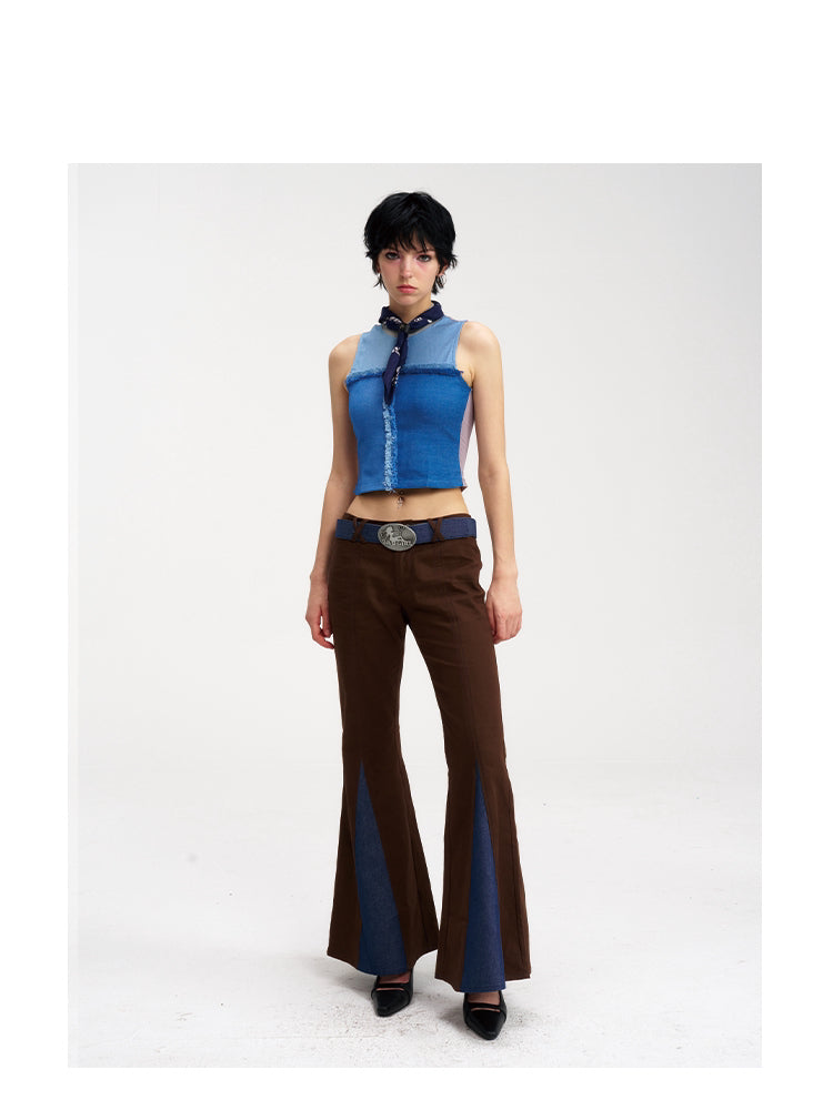 NEXT PASSPORT denim-panel low-rise flared pants in brown — straight-on front modeled view.