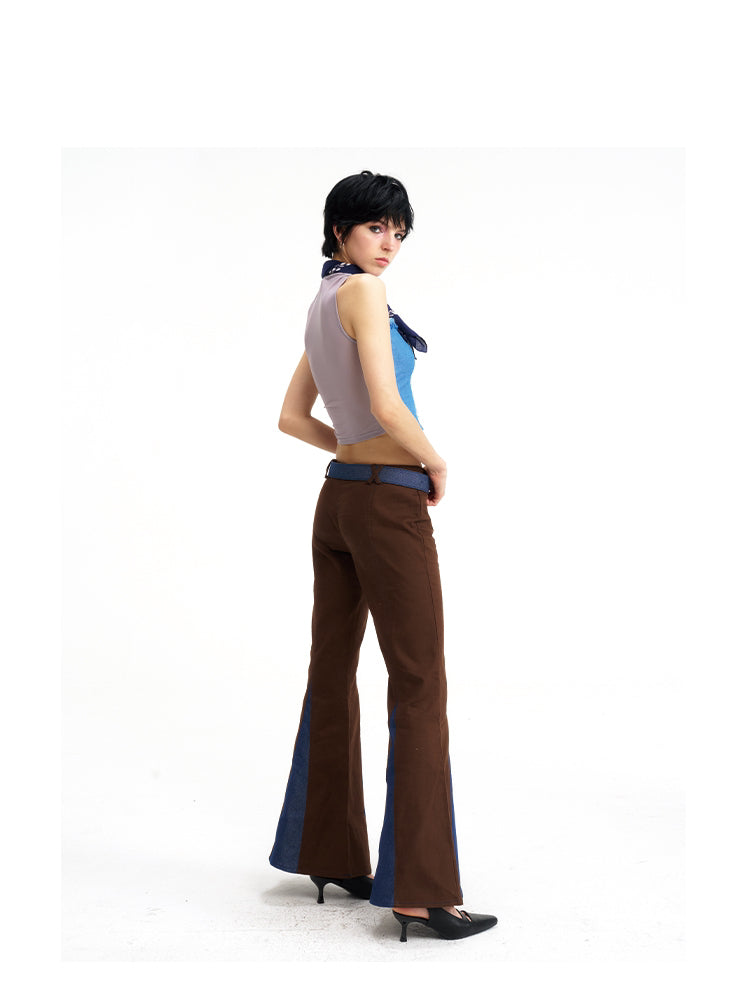 NEXT PASSPORT denim-panel low-rise flared pants in brown — rear three-quarter modeled view.