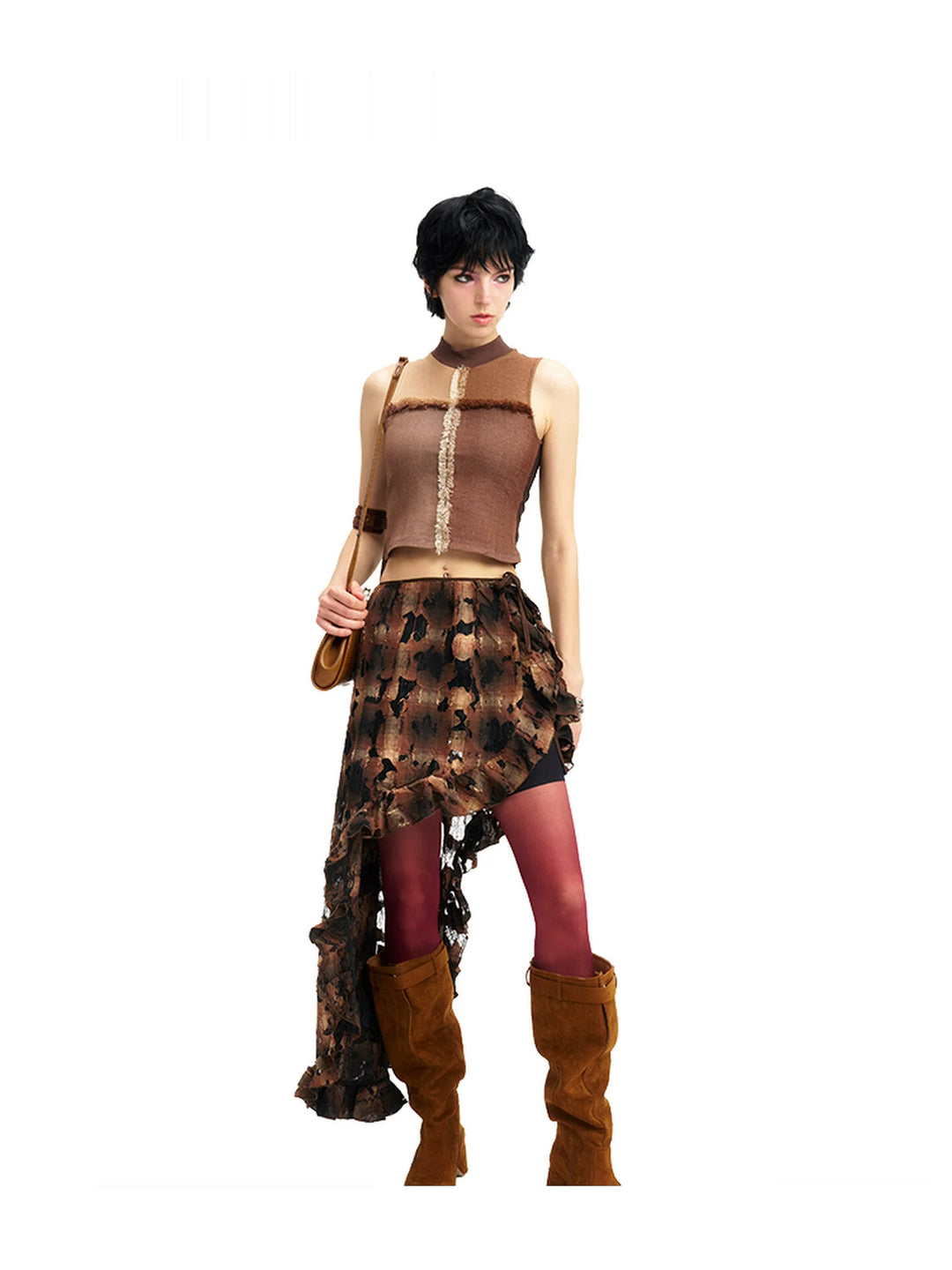 NEXT PASSPORT distressed plaid lace skirt overlay — full-look hero with the brown asymmetric skirt layered over shorts.