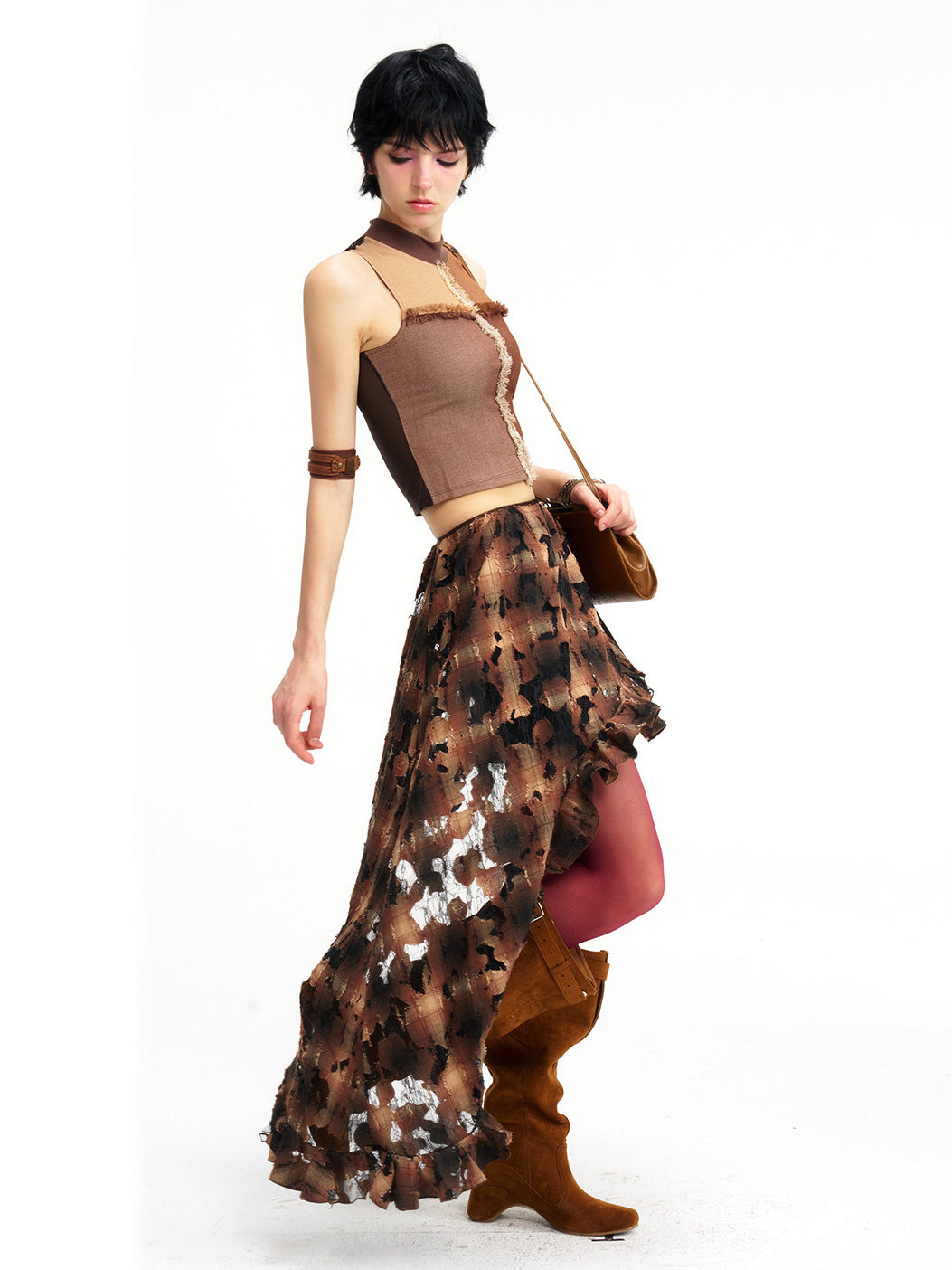 NEXT PASSPORT brown plaid lace skirt overlay, full-length editorial view