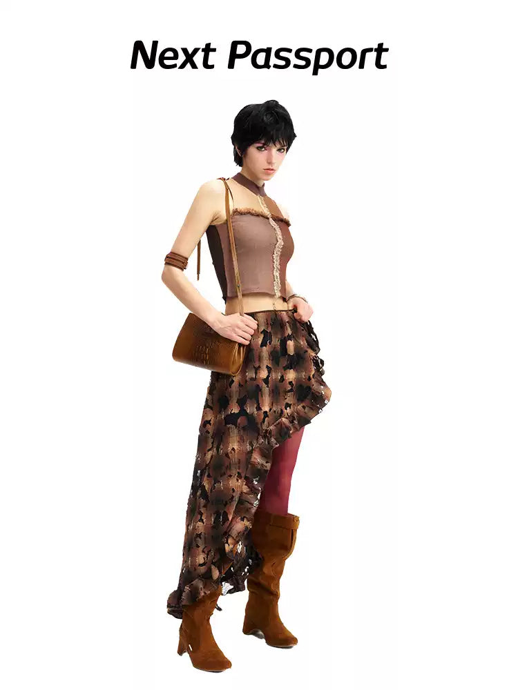 NEXT PASSPORT distressed plaid lace skirt overlay in brown plaid, front styled view