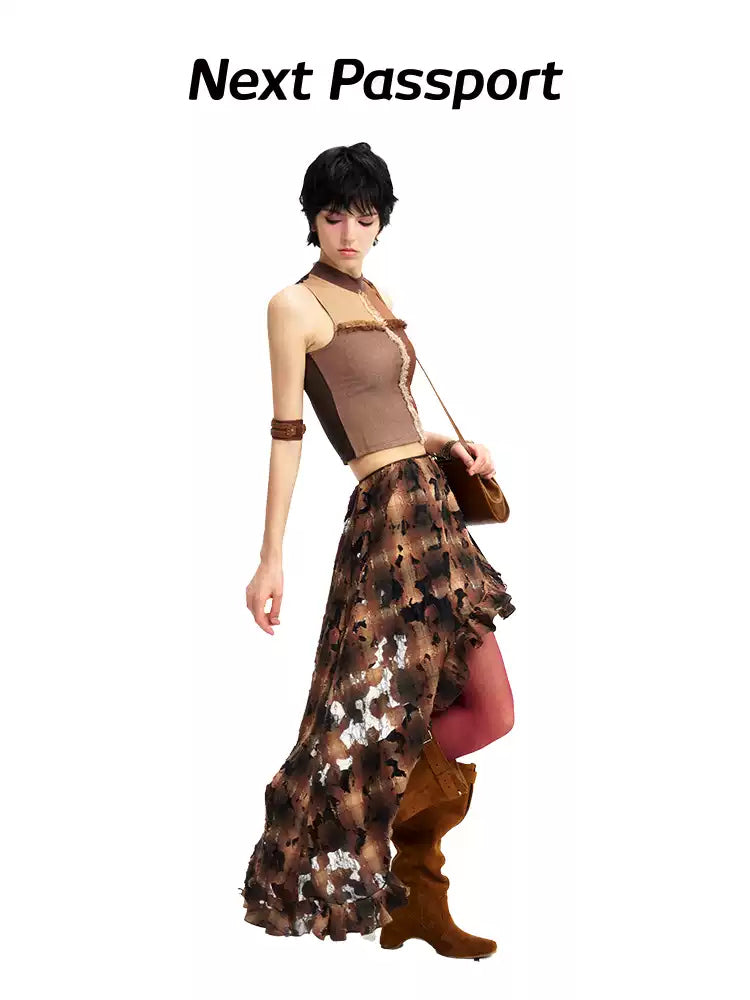NEXT PASSPORT brown plaid lace skirt overlay, full-length editorial view