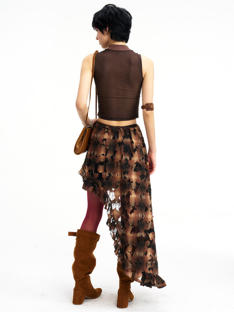 Distressed brown plaid lace skirt overlay, alternate editorial view