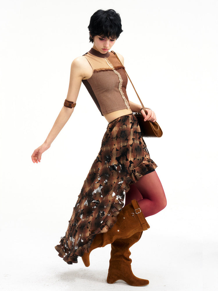 NEXT PASSPORT distressed plaid skirt overlay, rear styling view