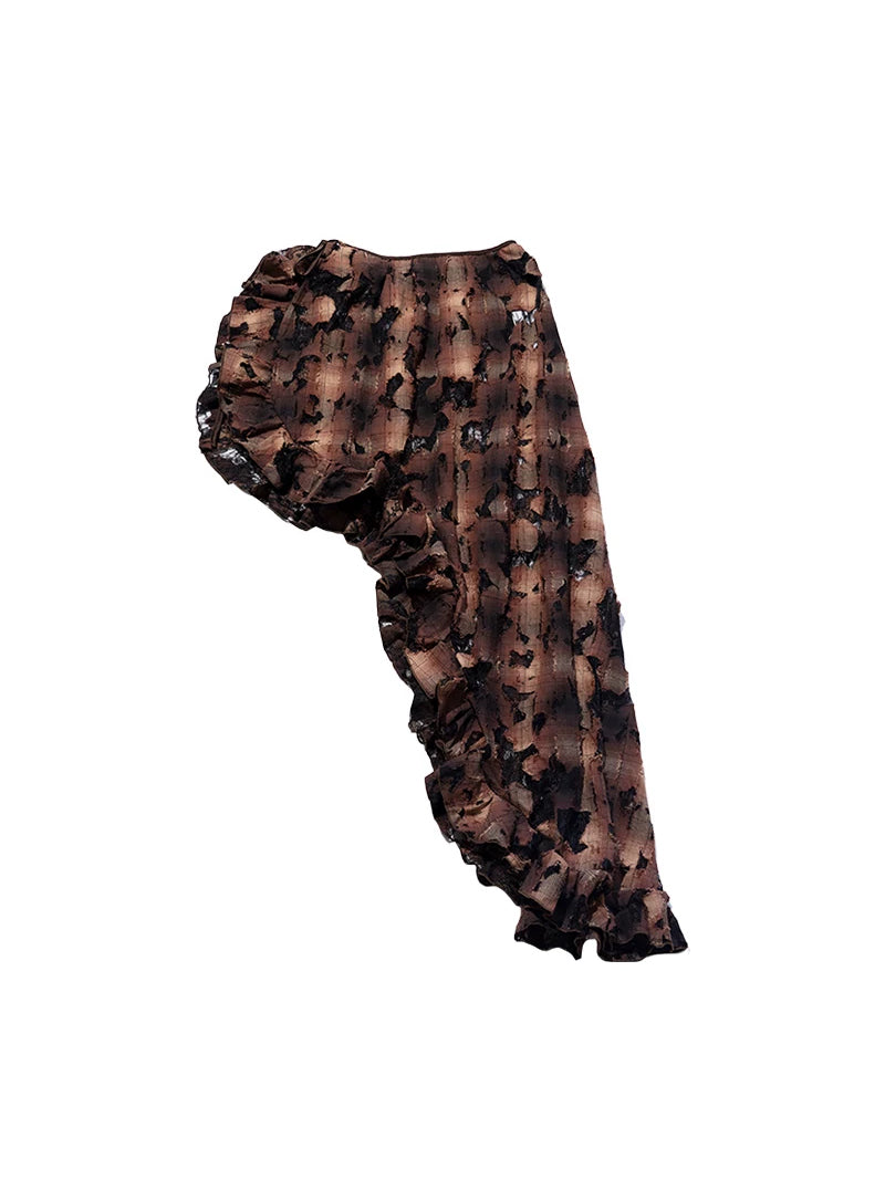 Brown plaid and black lace skirt overlay, solo product view