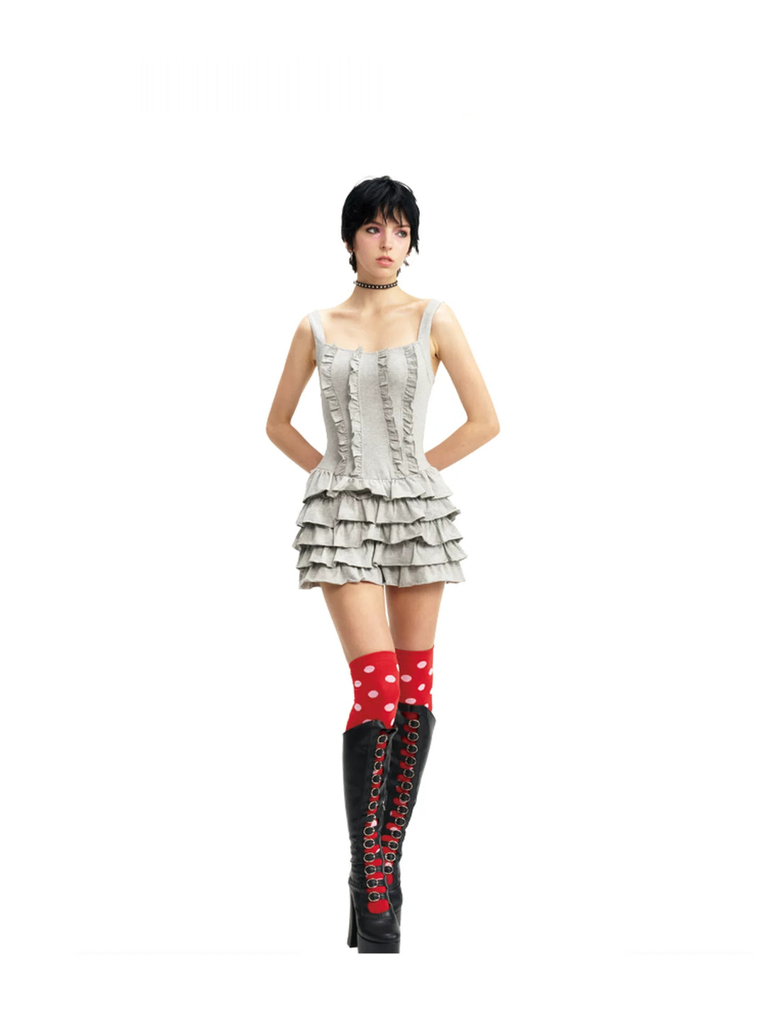 NEXT PASSPORT gray tiered ruffle mini dress — front and three-quarter full-look hero views.