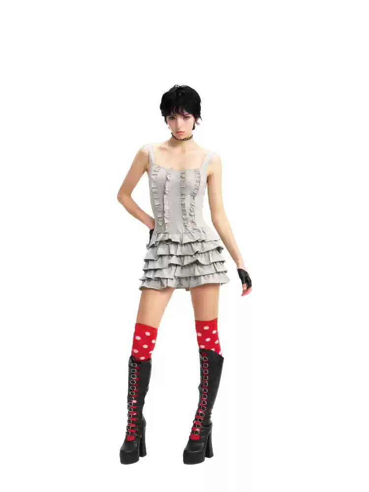 NEXT PASSPORT gray tiered ruffle mini dress, front view