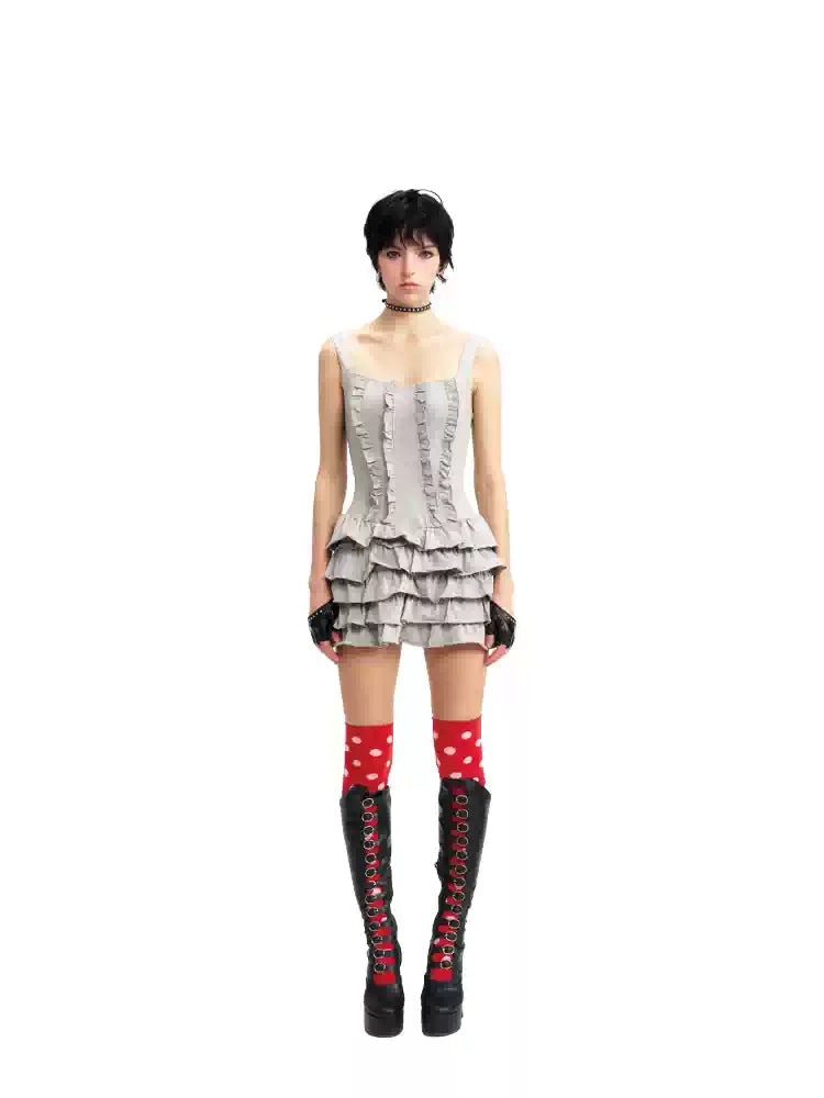 NEXT PASSPORT gray ruffle mini dress, full-length view