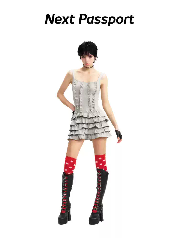 NEXT PASSPORT gray tiered ruffle mini dress, front view
