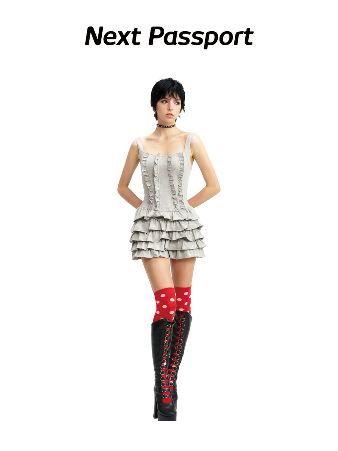 NEXT PASSPORT gray tiered ruffle mini dress — front and three-quarter full-look hero views.