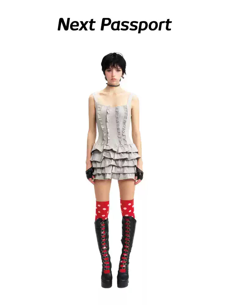 NEXT PASSPORT gray ruffle mini dress, full-length view