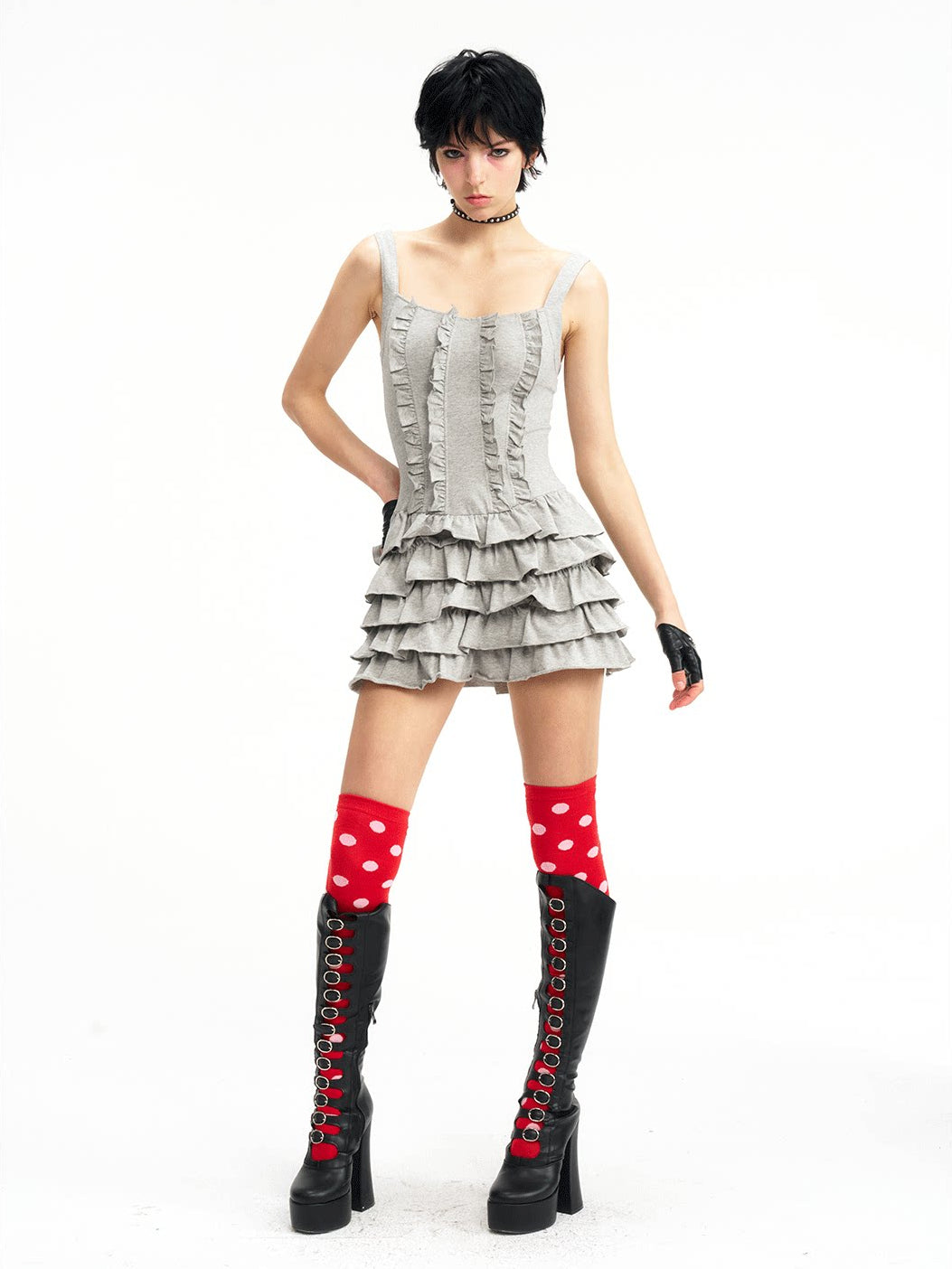 Gray tiered mini dress, side styling view