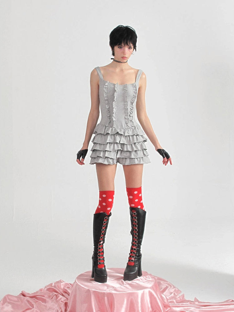Gray ruffle dress, fitted bodice and tiered skirt detail