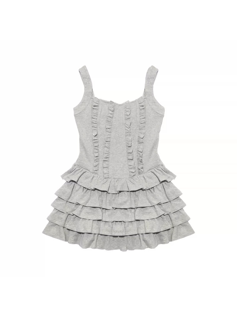 NEXT PASSPORT gray tiered ruffle mini dress, solo product view