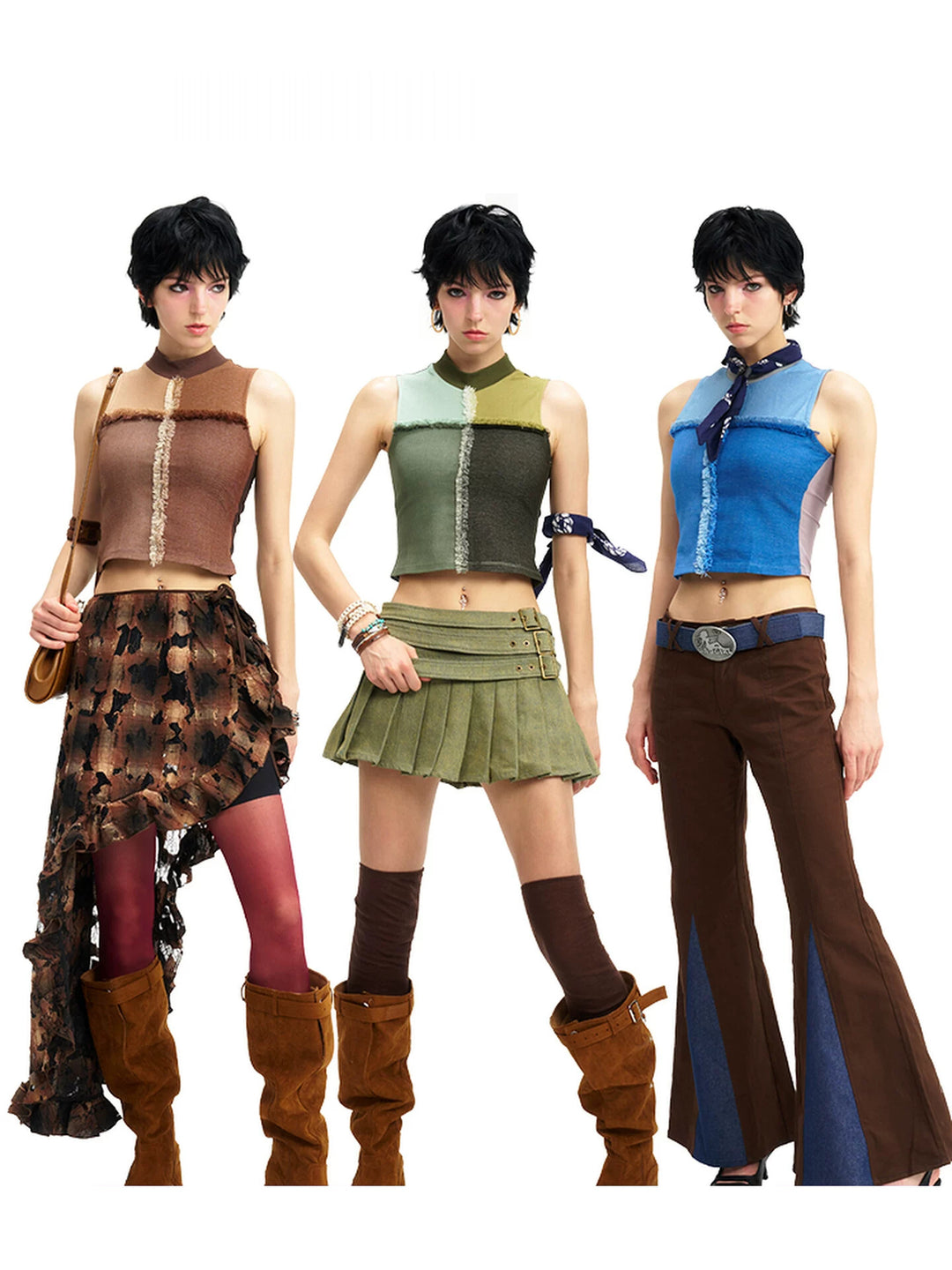 NEXT PASSPORT mesh-panel mock-neck vest — mocha brown, field green and sea salt blue colorways in one full-look hero.