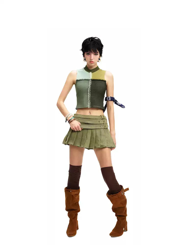 NEXT PASSPORT mesh-panel mock-neck vest in field green, styled front view