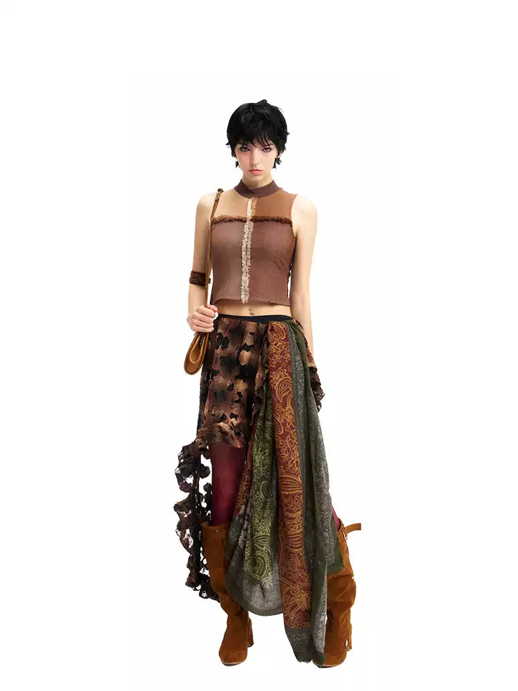 Mesh-panel mock-neck vest styled with plaid skirt overlay