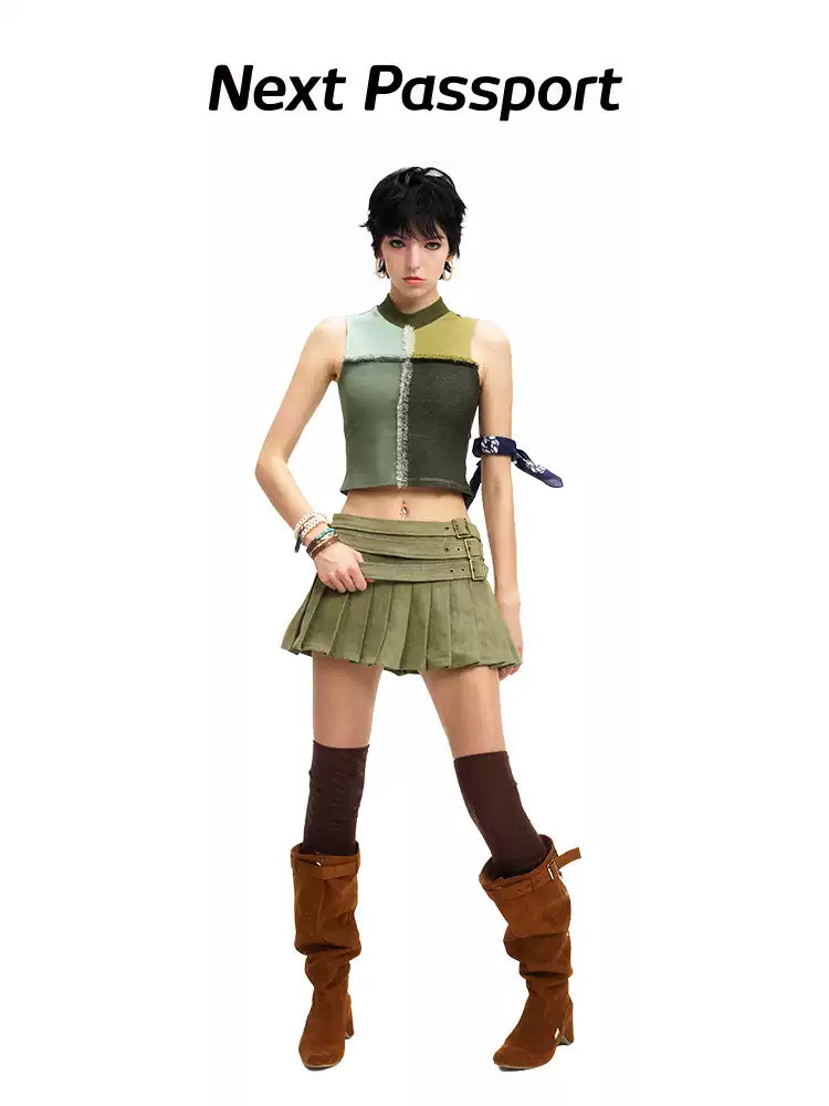 NEXT PASSPORT mesh-panel mock-neck vest in field green, styled front view