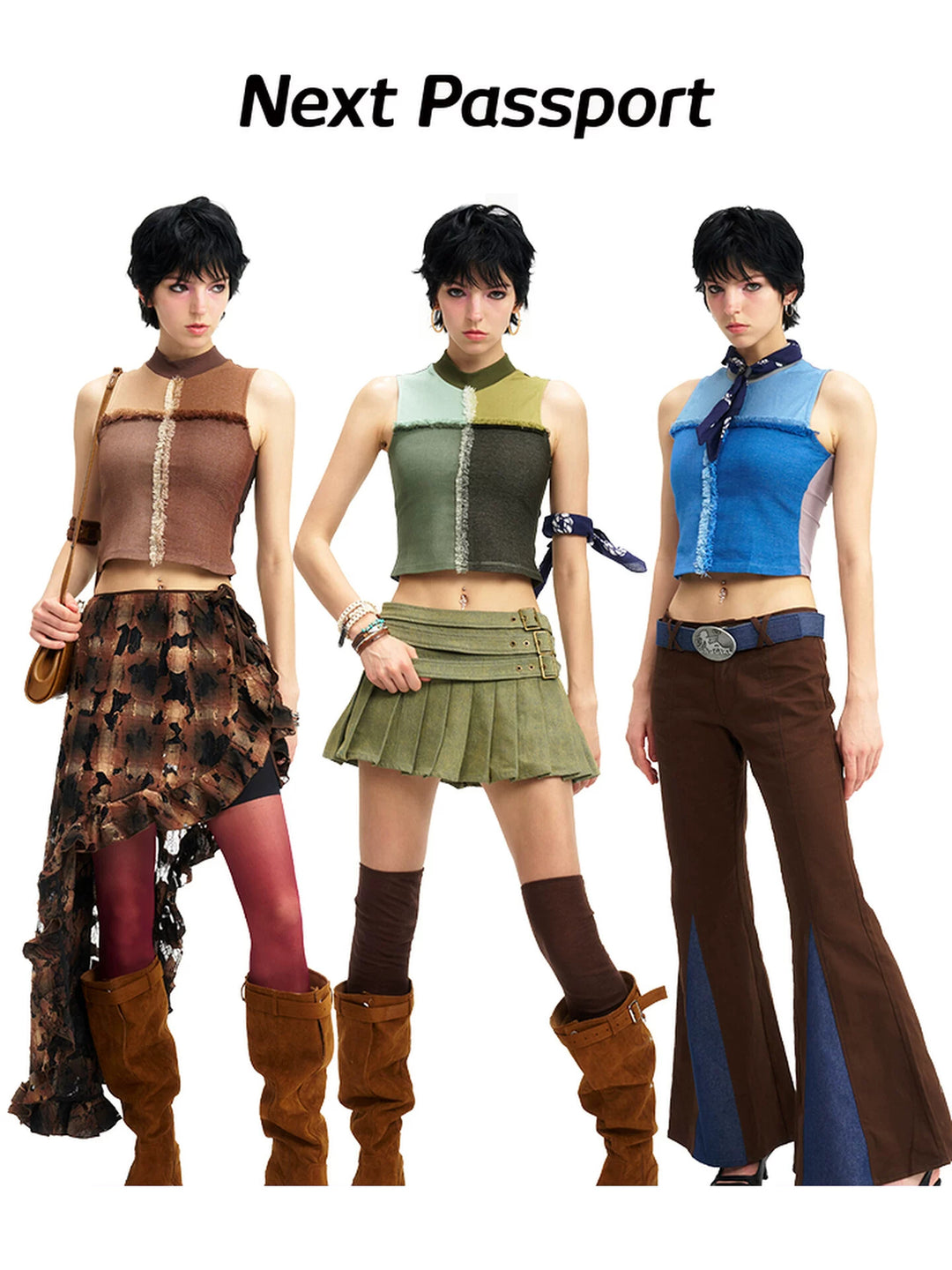 NEXT PASSPORT mesh-panel mock-neck vest — mocha brown, field green and sea salt blue colorways in one full-look hero.