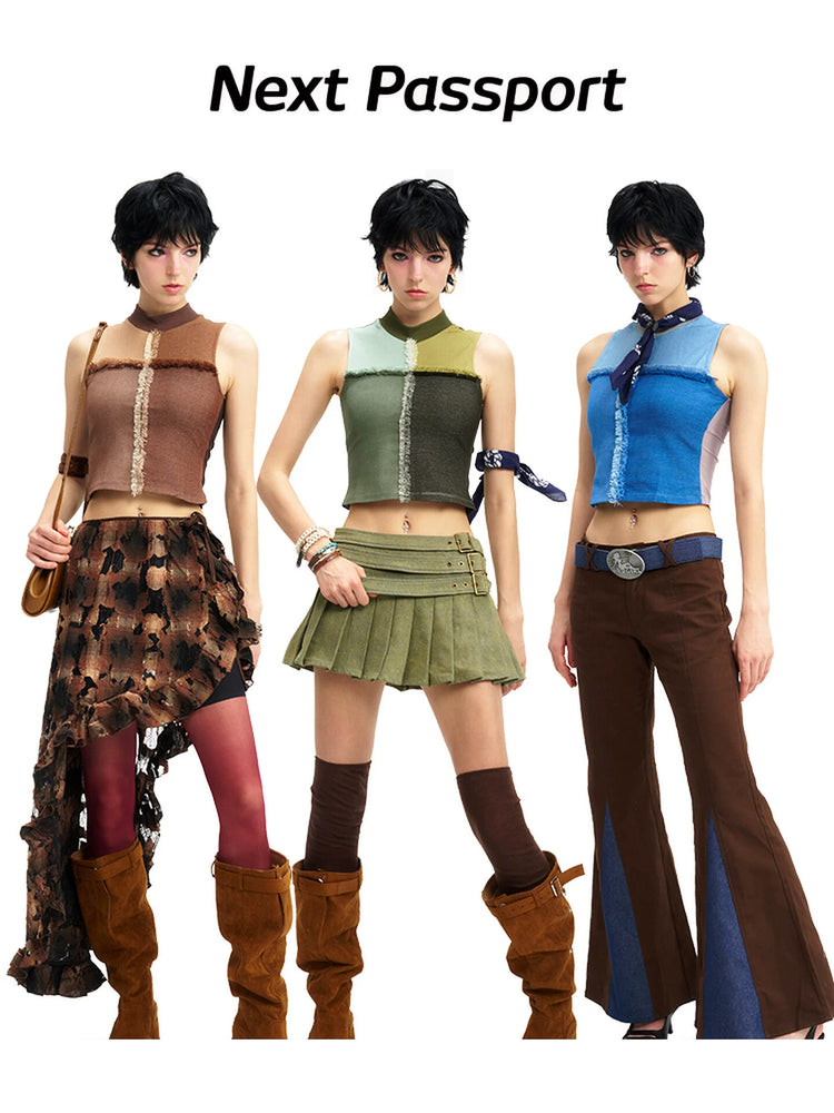 NEXT PASSPORT mesh-panel mock-neck vest — mocha brown, field green and sea salt blue colorways in one full-look hero.