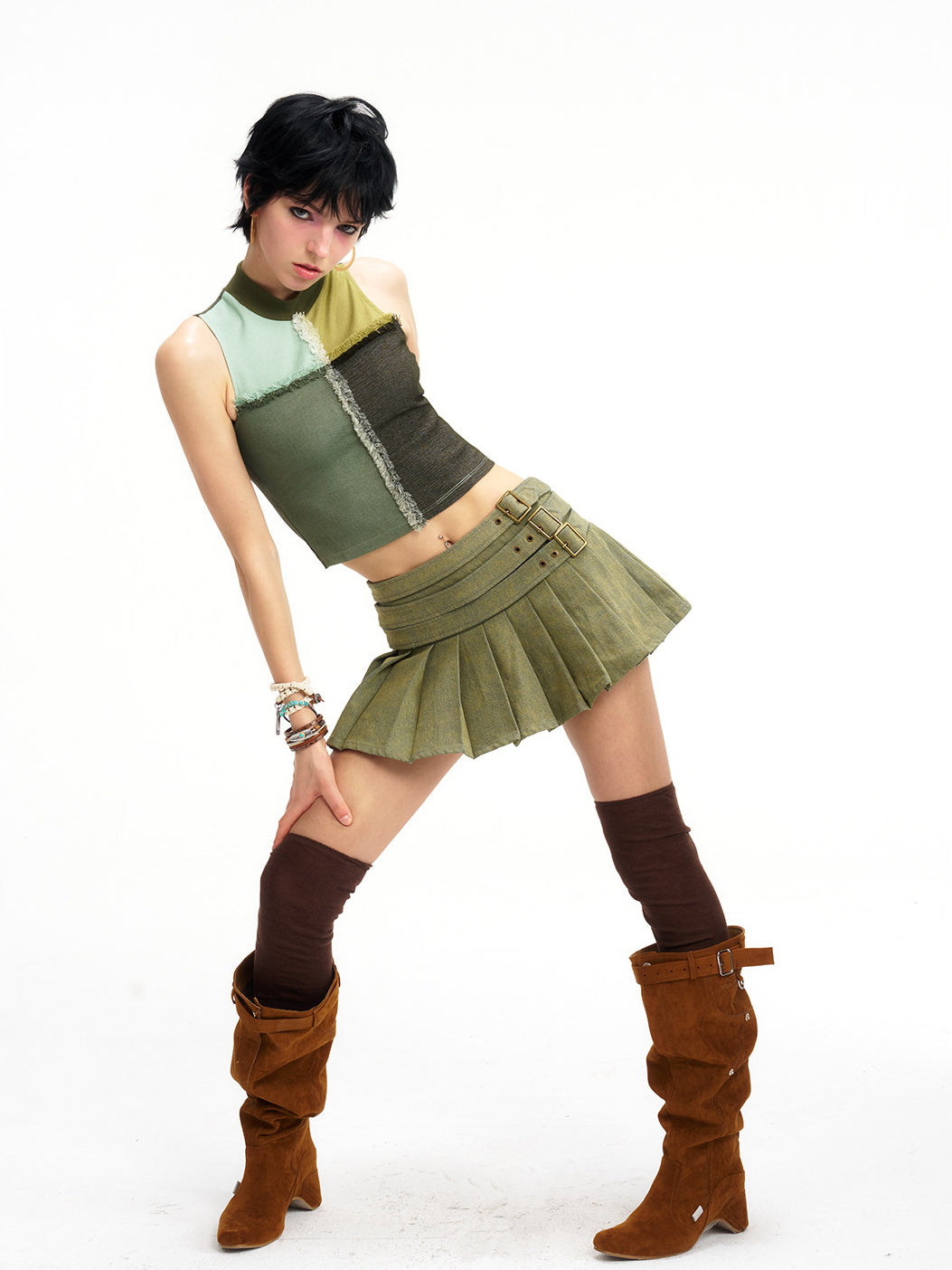 Sea salt blue mesh-panel mock-neck vest, editorial view
